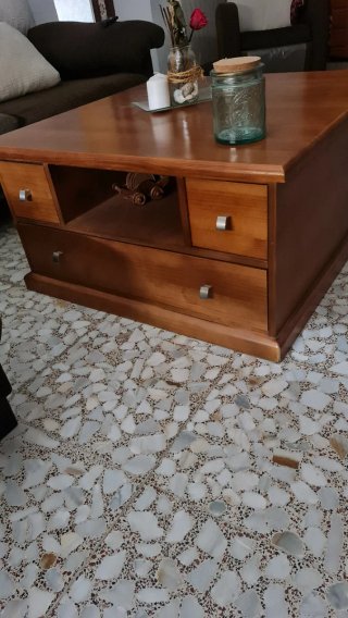 Mesa de centro madera maciza de roble con cajones