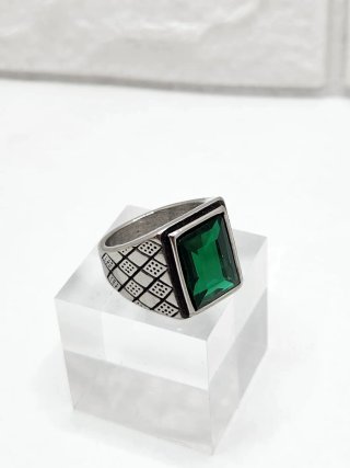 Anillo Acero Quirúrgico Piedra Verde Rectangular