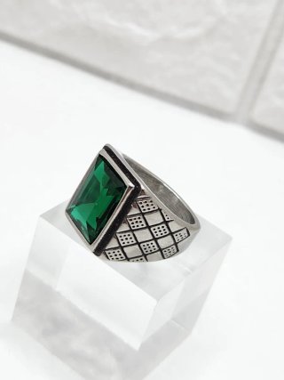 Anillo Acero Quirúrgico Piedra Verde Rectangular