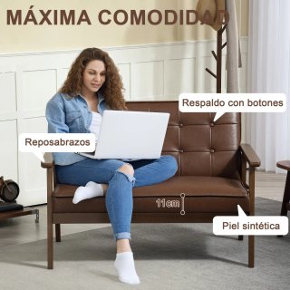 Sofá 2 Plazas Piel Sintética y Madera