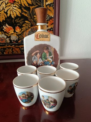 Juego Vintage Botella Coñac Vasos Porcelana Madera