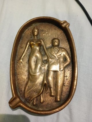 Cenicero Antiguo de Bronce Macizo Doble Cara OH AH