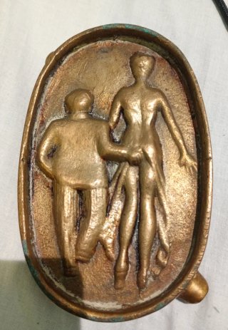 Cenicero Antiguo de Bronce Macizo Doble Cara OH AH