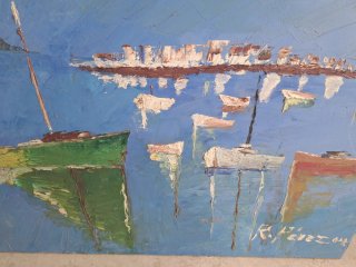 Pintura al óleo de barcos en el mar