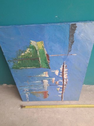 Pintura al óleo de barcos en el mar