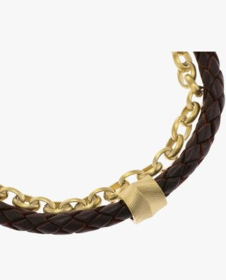 Pulsera Fossil Cuero Trenzado y Cadena Dorada