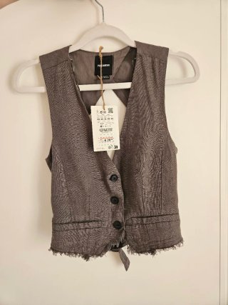 Chaleco lino traje gris mujer