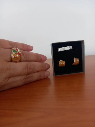Conjunto Plata Esmaltada: Anillo y Pendientes