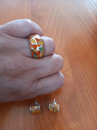 Conjunto Plata Esmaltada: Anillo y Pendientes