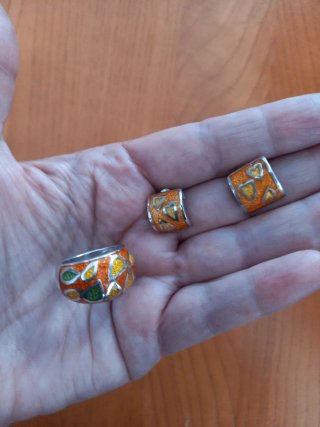 Conjunto Plata Esmaltada: Anillo y Pendientes