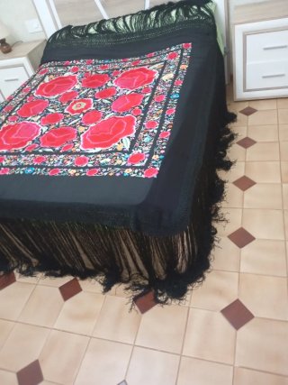 Mantón Manila Seda Bordado a Mano Antiguo