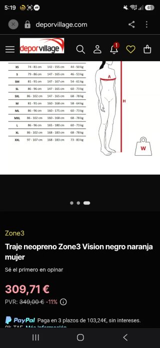 Neopreno triatlon, Zone 3 Vision Talla S, nuevo