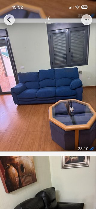 Mesa de centro octogonal azul y madera