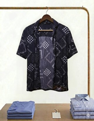 Camisa Estampada Manga Corta Azul y Blanca