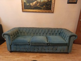 Divano 3 posti + 2 poltrone vintage verde-azzurro