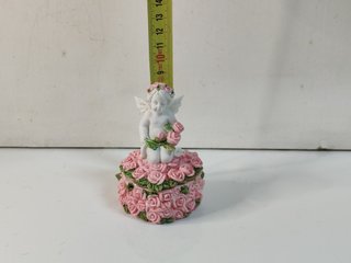 2 joyeros ángeles querubines en corazón con rosas