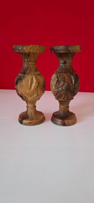Coppia Vasi Legno Intagliati Mano Vintage H14cm