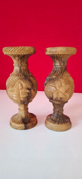 Coppia Vasi Legno Intagliati Mano Vintage H14cm