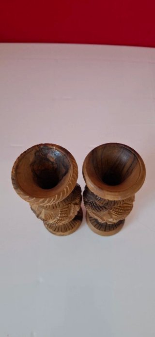 Coppia Vasi Legno Intagliati Mano Vintage H14cm