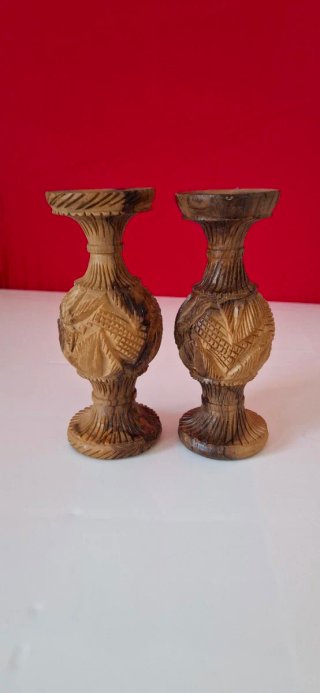 Coppia Vasi Legno Intagliati Mano Vintage H14cm