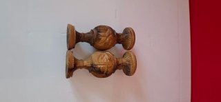 Coppia Vasi Legno Intagliati Mano Vintage H14cm