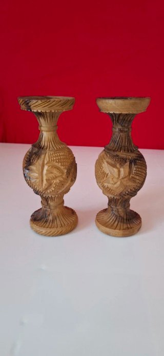 Coppia Vasi Legno Intagliati Mano Vintage H14cm