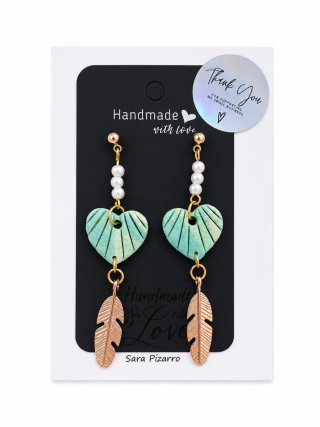 Pendientes Corazón Turquesa y Pluma Dorada