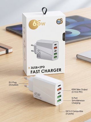 Cargador 65W 3USB+2PD Blanco