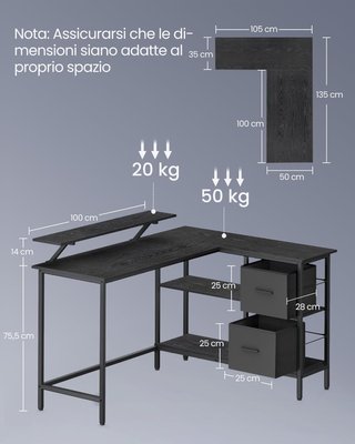 Scrivania per computer a L, scrivania ad angolo con 2 ampi cassetti e supporto per monitor, scaffale regolabile, per ufficio studio, Nero Ebano LWD098B56