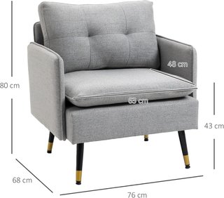 Divano 1 Posto in Tessuto Effetto Lino con Braccioli e Cuscini Imbottiti, Divano Moderno 1 Posto con Gambe in Acciaio, per Ufficio, Soggiorno, Salone e Camera da Letto, 76X68X80Cm, Grigio