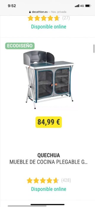 Tienda de campaña azul y mueble cocina Quechua