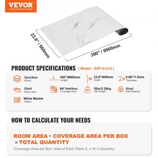 Azulejos de Vinilo Autoadhesivos 390 x 23.6 pulgadas, 1.5mm de Grosor, Peel & Stick, Textura de Mármol Blanco, Suelo DIY para Cocina, Comedor, Dormitorios y Baños, Fácil para Decoración del Hogar