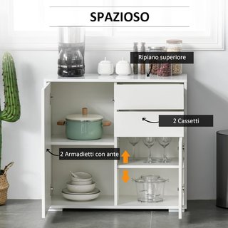 Mobile con 2 Cassetti e 2 Ante, Apertura a Pressione, Mobile con 2 Cassetti e 2 Ante per Casa e Ufficio, 79X36X74Cm, Bianco Opaco