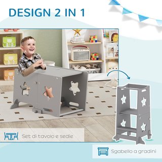 Torre Montessori per Bambini Convertibile in Tavolo e Sedie con Barra di Sicurezza, Sgabello per Bambini 3-6 Anni in Legno, Torre di Apprendimento per Bagno, Cucina e Asilo, Grigio