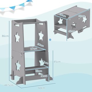 Torre Montessori per Bambini Convertibile in Tavolo e Sedie con Barra di Sicurezza, Sgabello per Bambini 3-6 Anni in Legno, Torre di Apprendimento per Bagno, Cucina e Asilo, Grigio