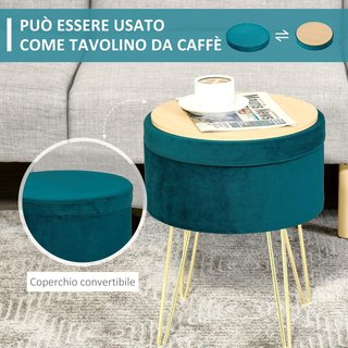Pouf Contenitore 2 in 1 con Funzione di Sgabello e Tavolo, in Legno e Velluto Verde, Metallo con Finitura Dorata, 36X36X45Cm