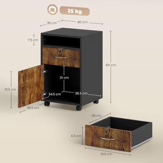 Archivador De Oficina Con Cajón, Ruedas Con Freno Y Estante Abierto, Cajonera De Oficina Con Cerradura Y 2 Llaves Para Carta/Legal/Formato A4, Armario Para Estudio, 40X35X60Cm, Marrón