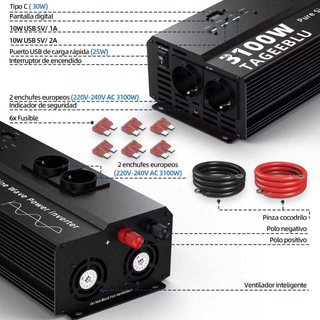 TAGEEBLU Inversor 3100W 24V 220V Onda Pura 4 tomas