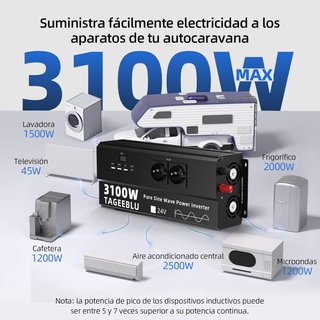 TAGEEBLU Inversor 3100W 24V 220V Onda Pura 4 tomas