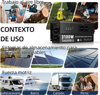 TAGEEBLU Inversor 3100W 24V 220V Onda Pura 4 tomas
