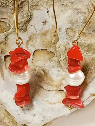 Pendientes Coral y Perlas Agua Dulce