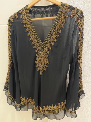 Blusa fiesta mujer negra y dorada
