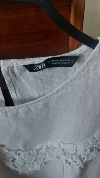 Blusa Zara Lino Blanca Encaje Volantes