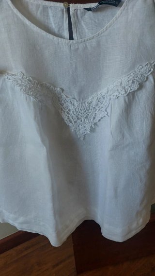 Blusa Zara Lino Blanca Encaje Volantes