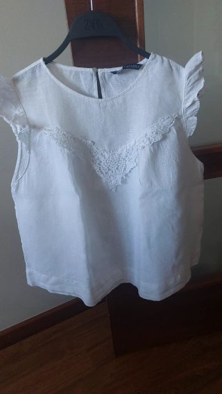 Blusa Zara Lino Blanca Encaje Volantes