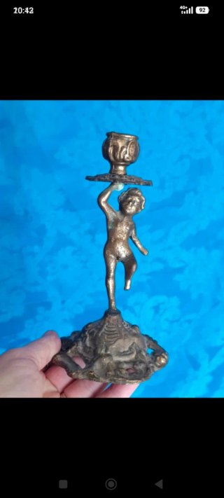 Antico candelabro putto bronzo con posacenere