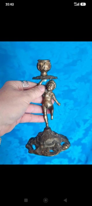 Antico candelabro putto bronzo con posacenere