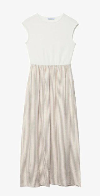 Vestido midi combinado beige y blanco