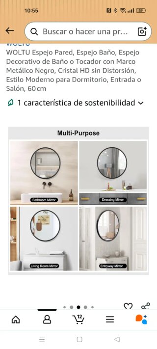 Espejo Pared WOLTU Negro 60cm. Cristal roto