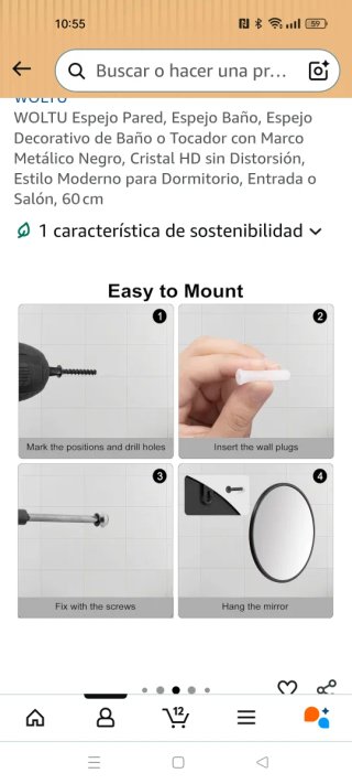 Espejo Pared WOLTU Negro 60cm. Cristal roto